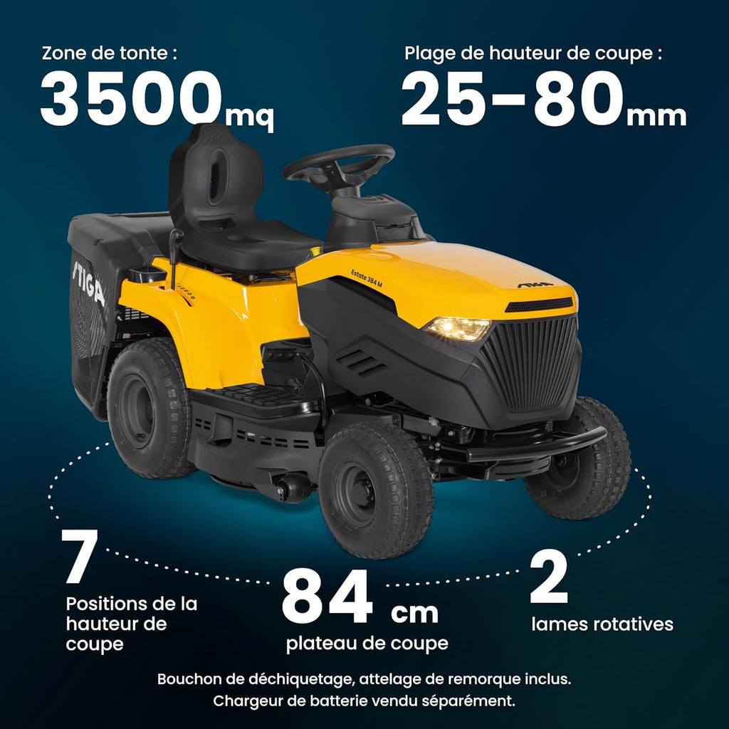 STIGA Estate 384 M Aufsitzmäher – 352cc Motor, 84cm Schnittbreite, Elektromagnetische Kupplungs-Taste, Dualblatt-System, bis 3500m²