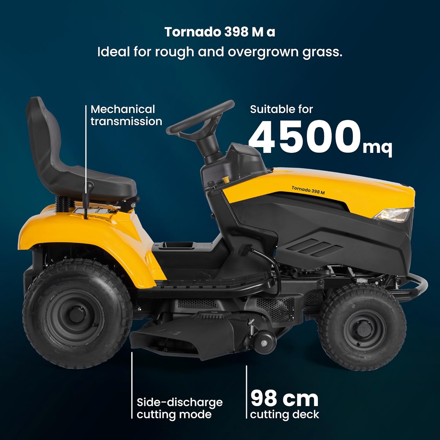 STIGA Tornado 398 M Aufsitzmäher – 414cc Benzinmotor, 98cm Schnittbreite, Mechanisches Getriebe, Stahlrahmen, bis 5000m²