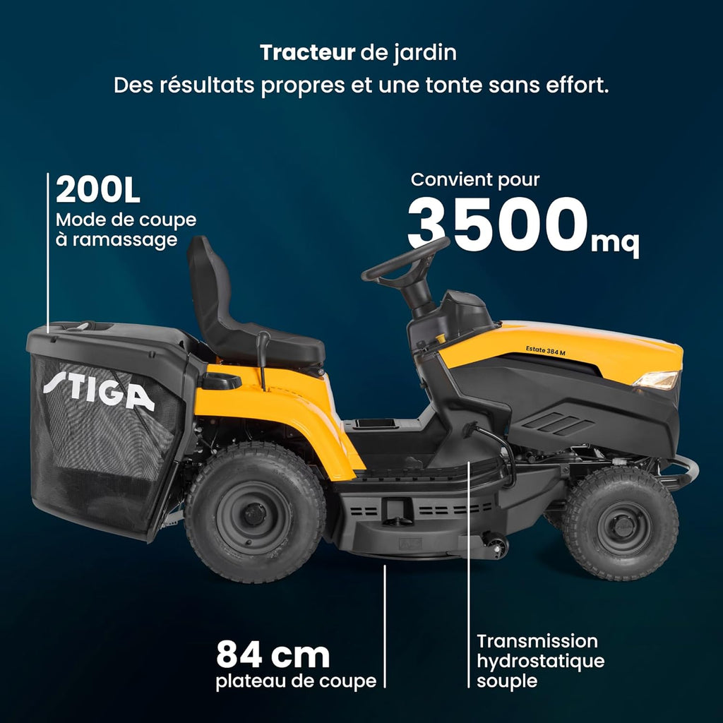 STIGA Estate 384 M Aufsitzmäher – 352cc Motor, 84cm Schnittbreite, Elektromagnetische Kupplungs-Taste, Dualblatt-System, bis 3500m²