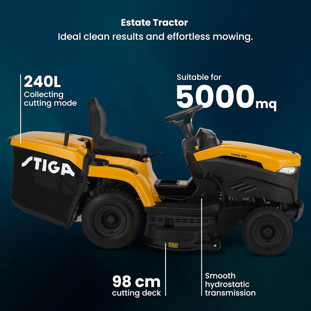 STIGA Estate 598 Flagship Aufsitzmäher – 452cc Motor, 98cm Dualblatt-System, Hydrostat-Getriebe, 240L Grasfangsack, Professionelle Qualität